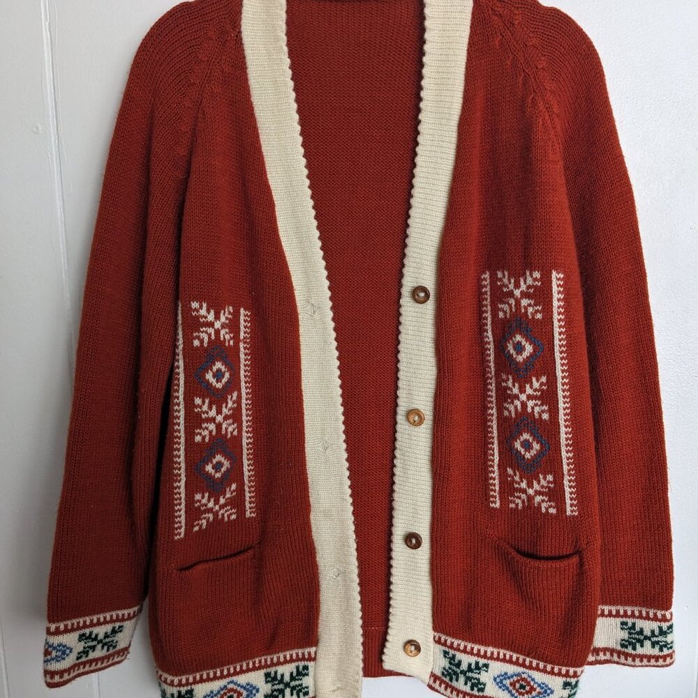 Burnt Orange Knit Cardigan with Leaf Motifs